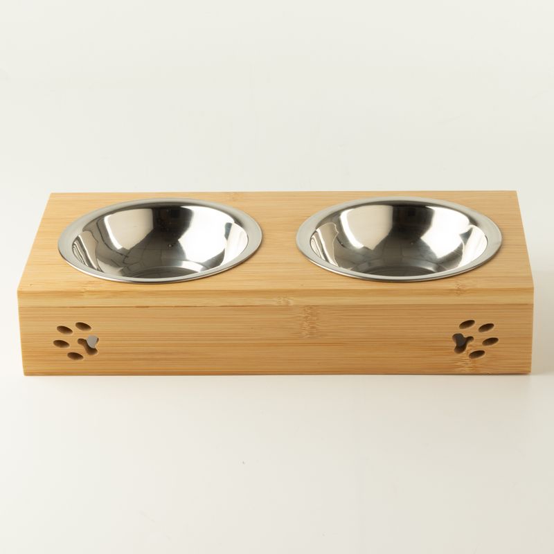 PAW Krmné misky - Dvojité nerezové misky (201) v dřevěném stojanu - 2×12 cm