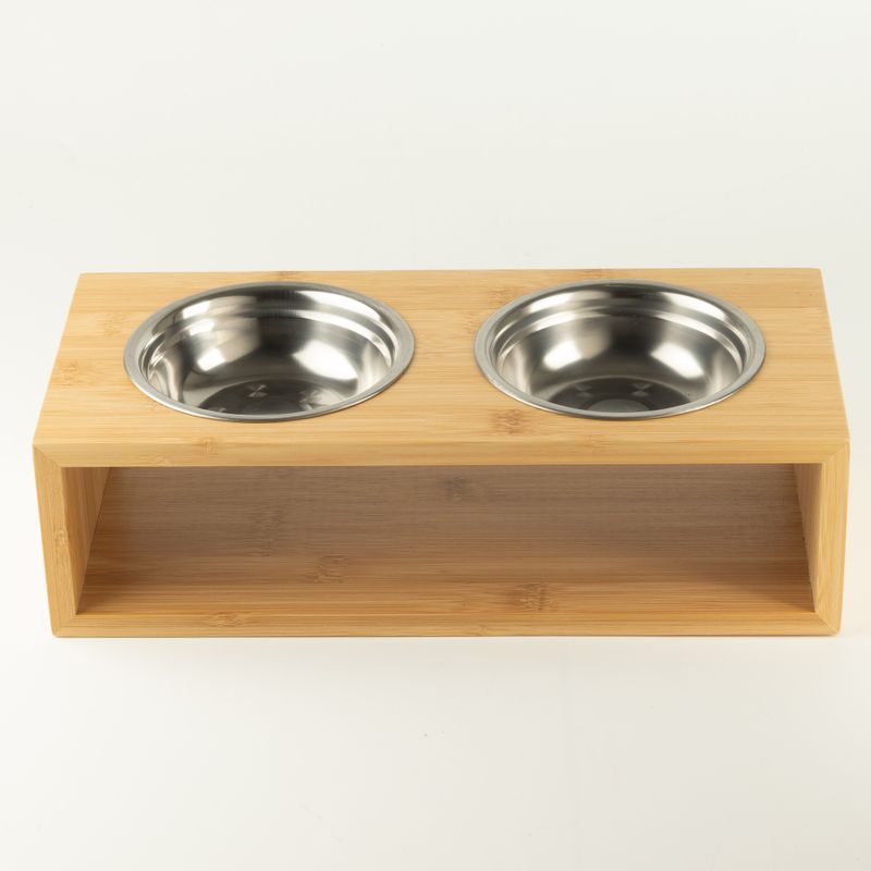 PAW Krmné misky - Velká dvojitá nerezová ocel (201) v dřevěném stojanu - 2×13 cm