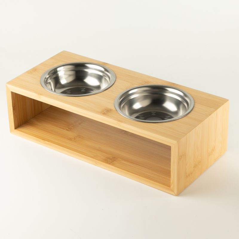 PAW Krmné misky - Velká dvojitá nerezová ocel (201) v dřevěném stojanu - 2×13 cm