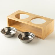 PAW Krmné misky - Velká dvojitá nerezová ocel (201) v dřevěném stojanu - 2×13 cm