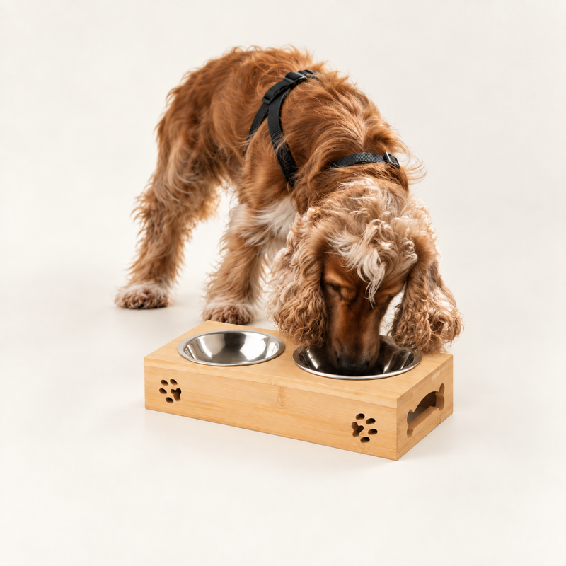 PAW Krmné misky - Dvojité nerezové misky (201) v dřevěném stojanu - 2×12 cm
