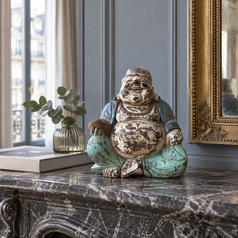 Retro modro-mátová ručně vyřezávaná socha Buddhy - 30 cm - Šťastný Buddha