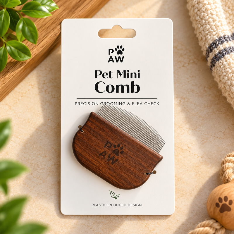 PAW Grooming Tools - Mini Hřeben na Blechy a Citlivé Oblasti - Ořechové Dřevo