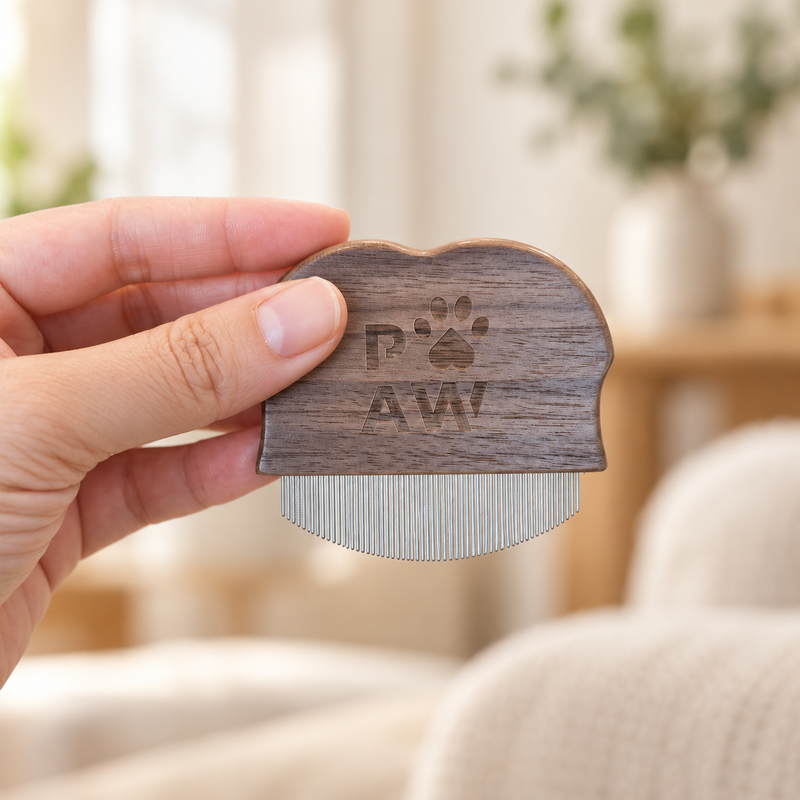 PAW Grooming Tools - Mini Hřeben na Blechy a Citlivé Oblasti - Ořechové Dřevo