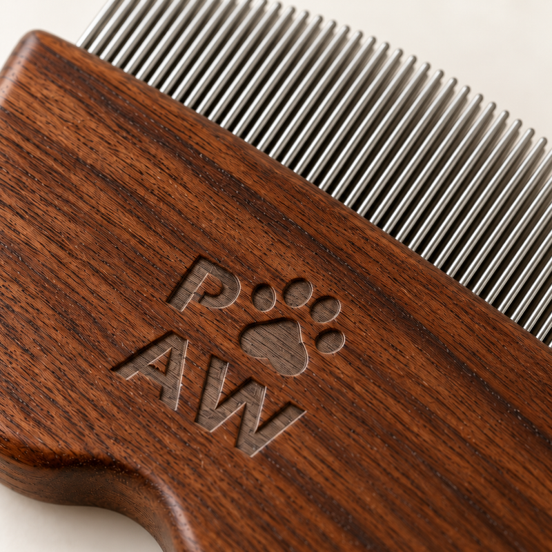 PAW Grooming Tools - Mini Hřeben na Blechy a Citlivé Oblasti - Ořechové Dřevo