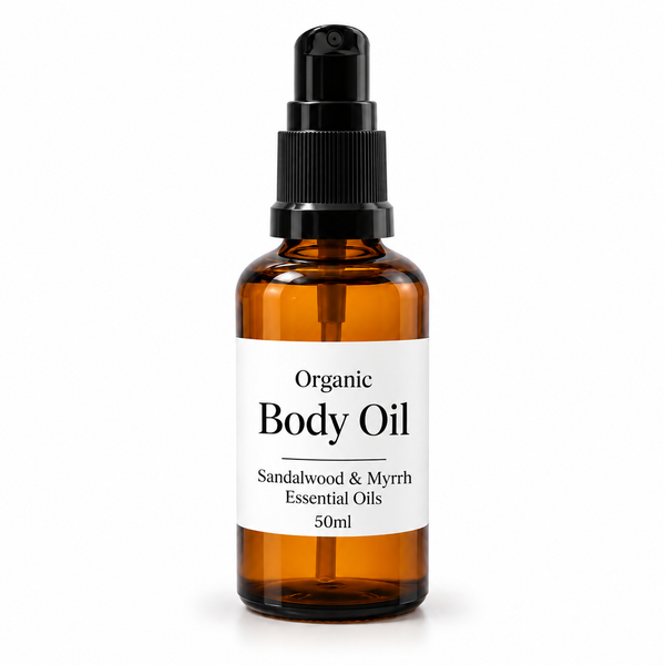 Organický Tělový Olej 50ml - Santalové Dřevo & Myrha - Bez Etikety