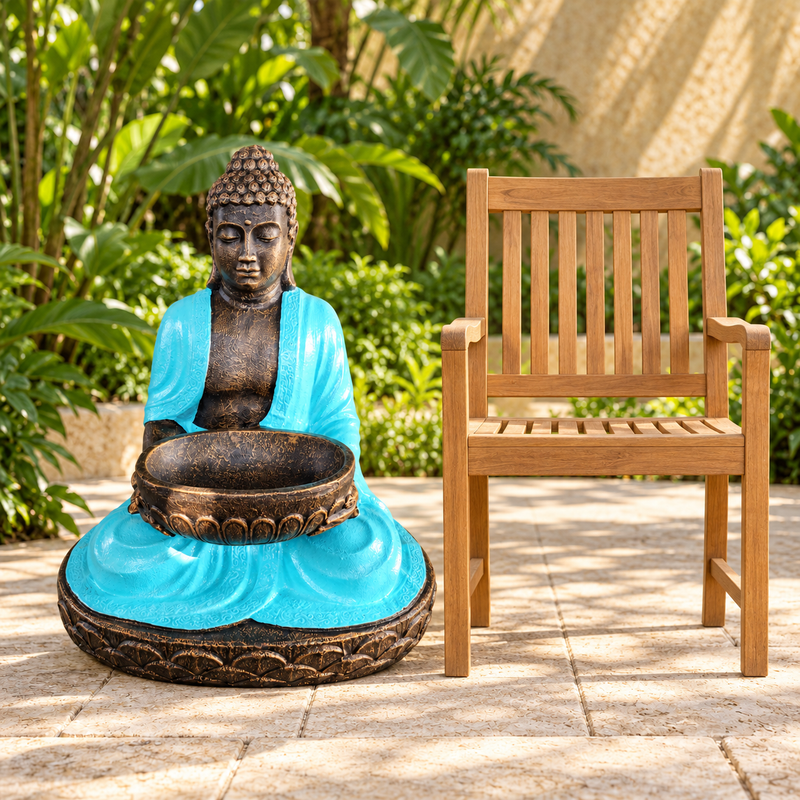 Velký Sedící Buddha s Miskou, Tyrkysová a Kámen, 80 cm