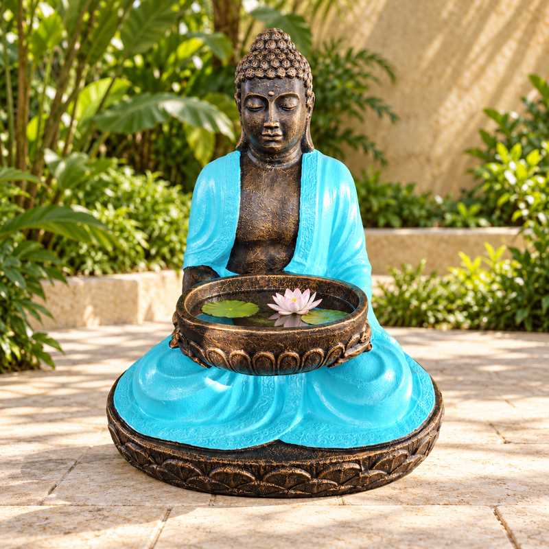 Velký Sedící Buddha s Miskou, Tyrkysová a Kámen, 80 cm