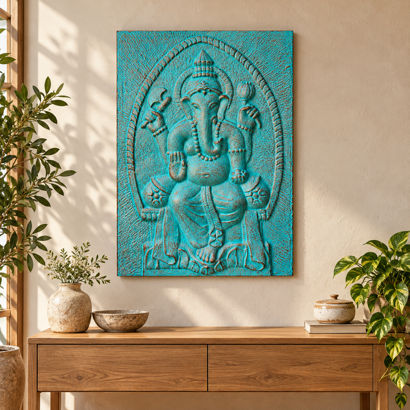 Velký Rám Ganpati s Tyrkysovým Reliéfem - 0,7x1 m