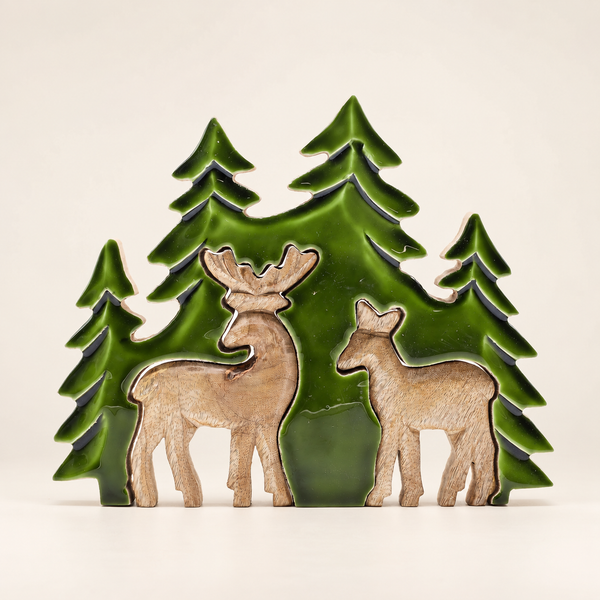 Ztraceni v Lese -  2 Jeleni v Lese 3D - Dřevěná Dekorace 18x23cm