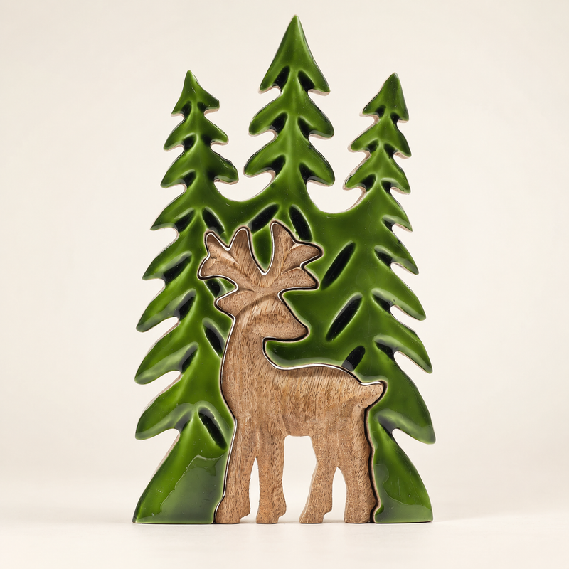 Ztracen v Lese - 3D Dřevěná Dekorace Jelen v Lese - 25x15 cm