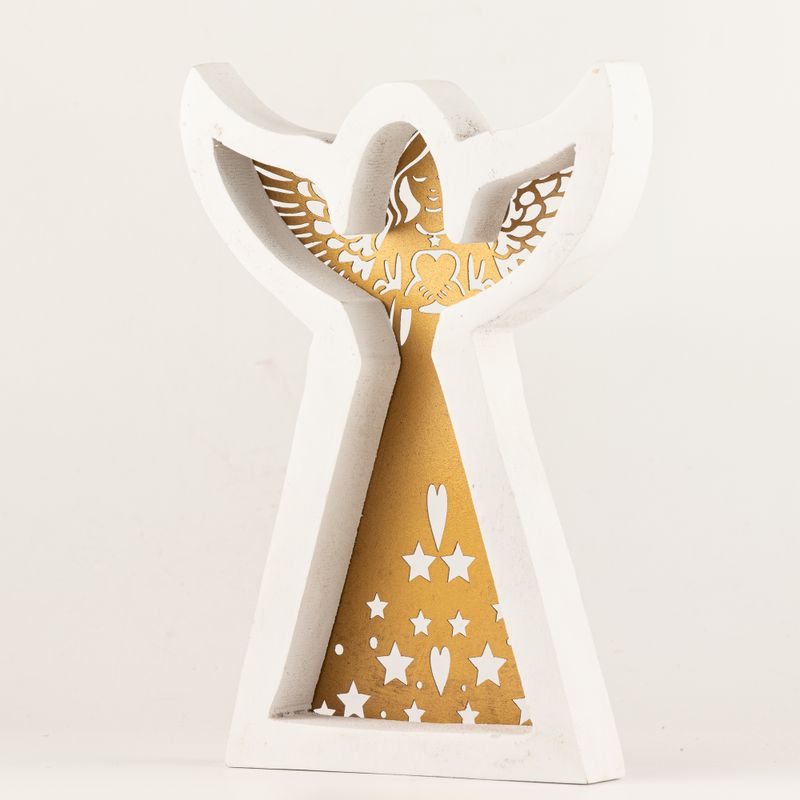 Anděl z mangového dřeva - bělený s vyřezávanou železnou dekorací - 22 cm