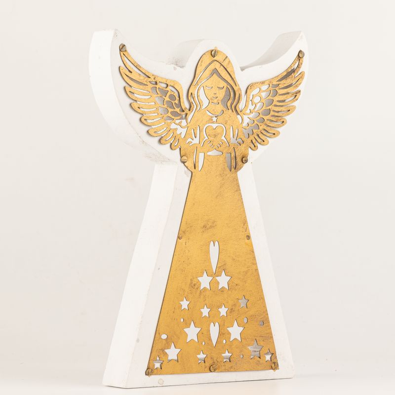 Anděl z mangového dřeva - bělený s vyřezávanou železnou dekorací - 22 cm