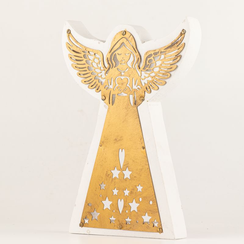 Anděl z mangového dřeva - bělený s vyřezávanou železnou dekorací - 22 cm