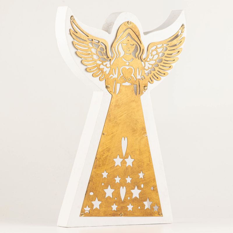 Anděl z mangového dřeva – Bílý nátěr s vyřezávanou železnou dekorací – 39 cm