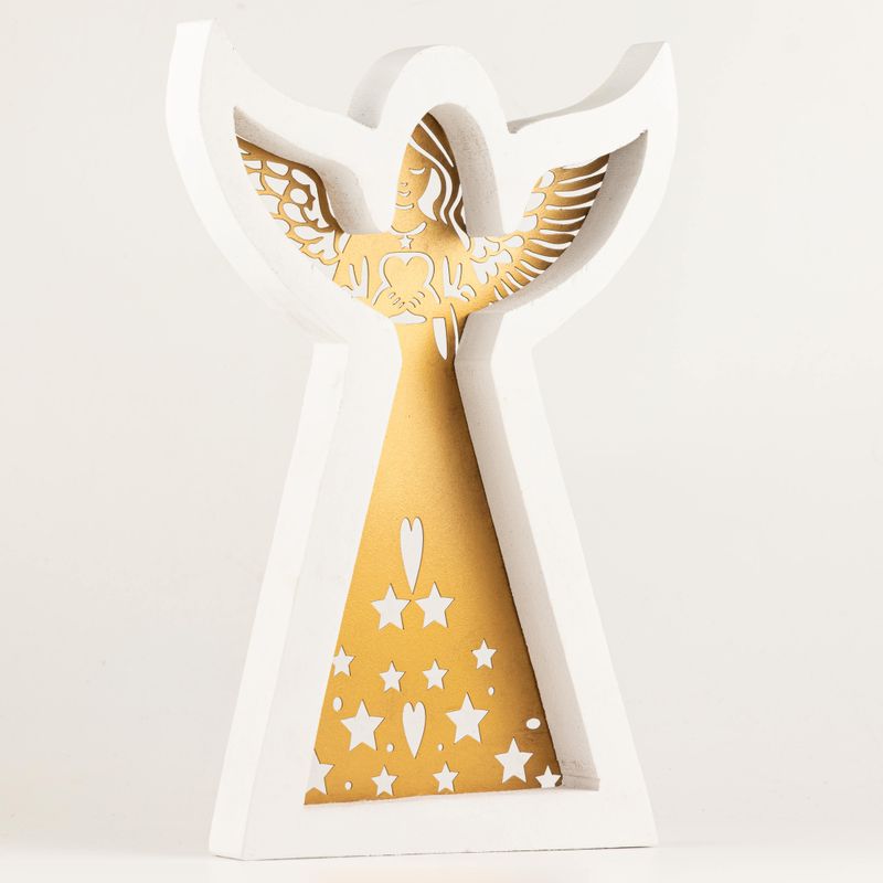 Anděl z mangového dřeva – Bílý nátěr s vyřezávanou železnou dekorací – 39 cm