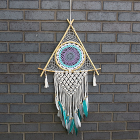 Ochranný Lapač Snů - Velký - Macramé Pyramida - Bílá / Tyrkysová
