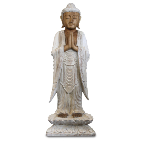 Ručně Vyřezávaná Socha Buddhy - Vítejte - Bílá Vymývaná - 100cm