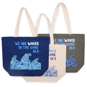 3x Bavlněná Taška s Potiskem - We are Waves - Šedá, Modrá a Natural