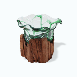 Recyklované Sklo na Dřevě - Velká Fancy Tvarovaná Miska