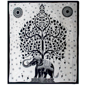 Dvojitý Bavlněný Přehoz na Postel / Stěnu - Mono - Slon se Stromem
