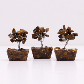 12x Mini Stromek s Drahými Kameny na Orgonitovém Podstavci - Tygří Oko (15 kamenů)