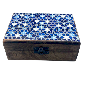 Střední Dřevěná Krabička s Keramickou Glazurou - 15x10x6cm - Modré Hvězdy