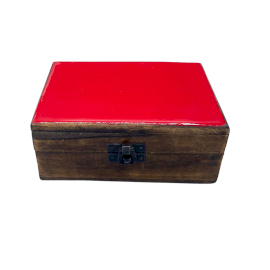 Střední Dřevěná Krabička s Keramickou Glazurou - 15x10x6cm - Červená