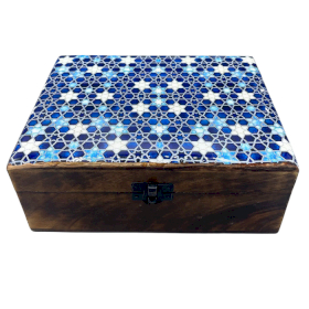 Velká Dřevěná Krabička s Keramickou Glazurou - 20x15x7.5cm - Modré Hvězdy