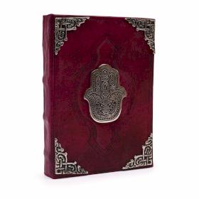 Červený Zápisník z Hrubé Kůže - Zinkový Dekor - Hamsa - 200 Stran s Ozdobním Okrajem - 26x18cm