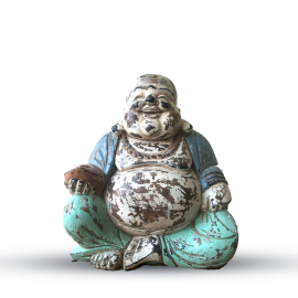 Vintage Modrá Ručně Vyřezávaná Socha Buddhy - 30cm - Šťastný Buddha