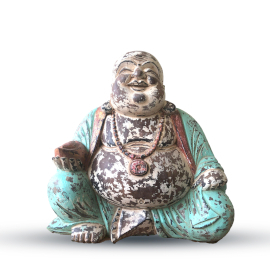 Vintage Modrá Ručně Vyřezávaná Socha Buddhy - 40cm - Šťastný Buddha