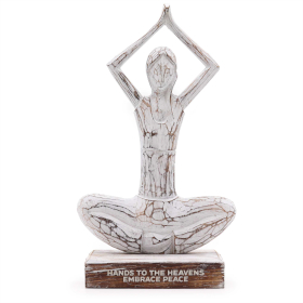Dřevěná Yoga Lady Figurka - Bílá Vymývaná - Pozice Ruce Nahoru - 