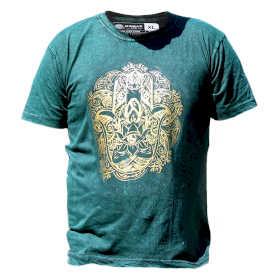 Extra Velké Stone Washed Tričko - Hamsa - Zelené