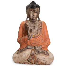 Poškozený Vintage Oranžový Dřevěný Buddha - Učící Přenos - 60cm