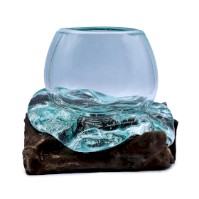 Tavené Sklo na Dřevě - Mini Nádoba pro Zlatou Rybku