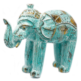 Slon Vyřezávaný ze Dřeva - Tyrkysovo-Zlatý