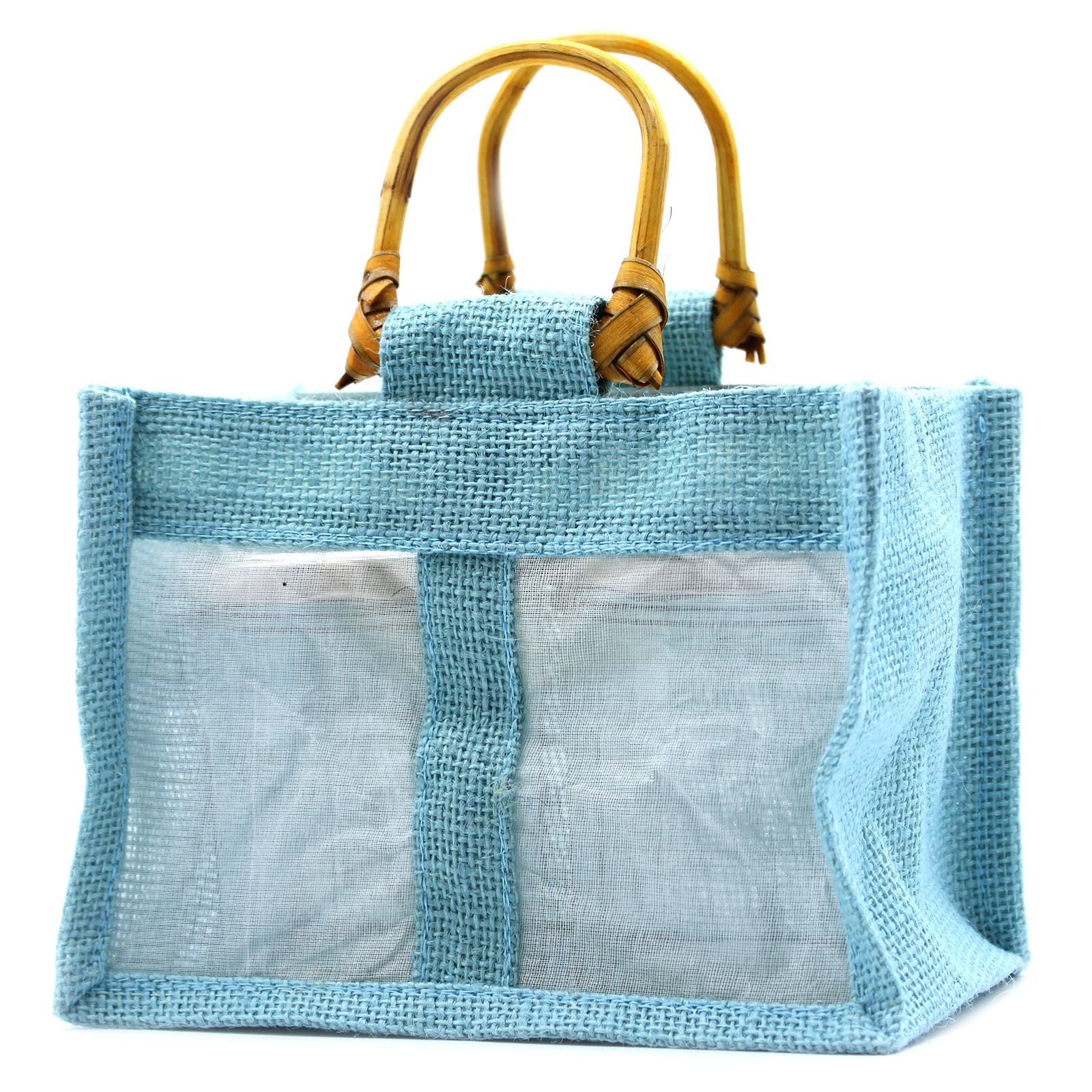 Dárková taška z juty a bavlny - Modro-šedá - 2 okénka
