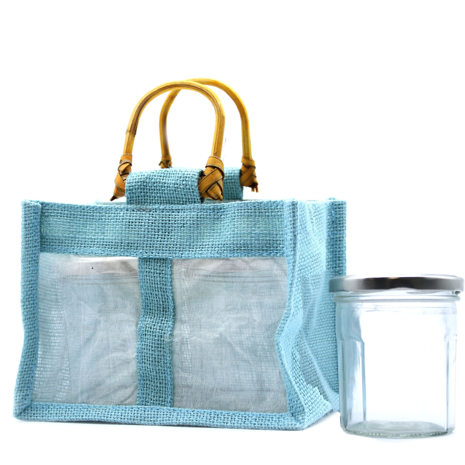Dárková taška z juty a bavlny - Modro-šedá - 2 okénka