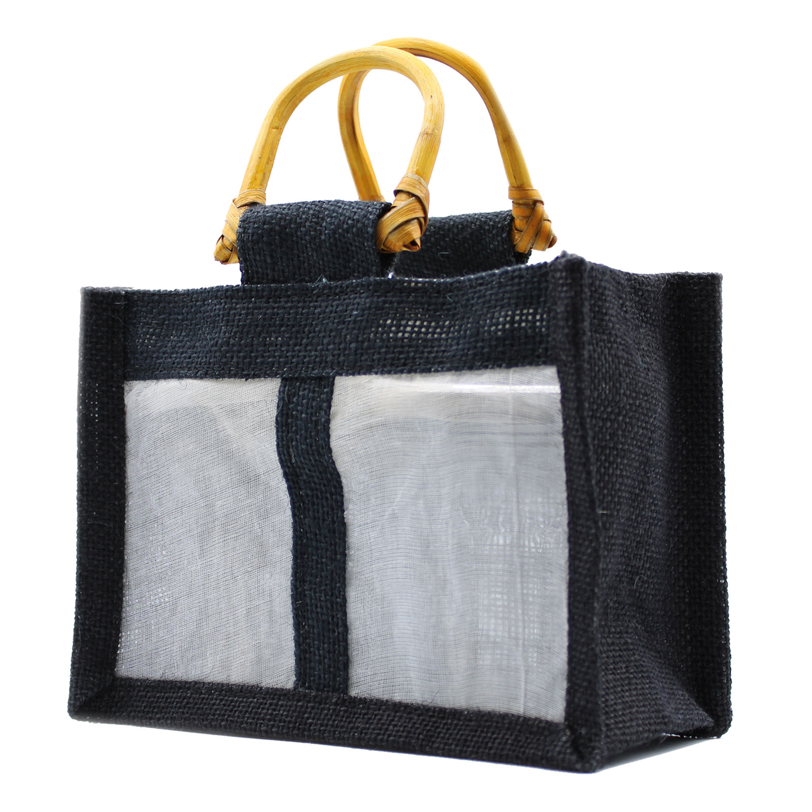 Dárková taška z juty a bavlny - Černá - 2 okénka