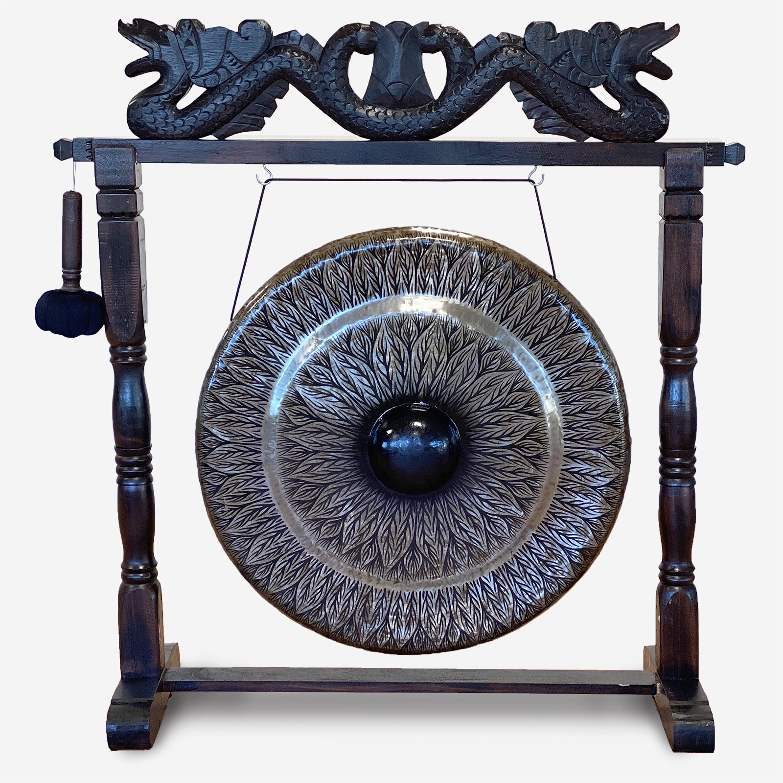 Velký gong s hnědým antickým stojanem - 80 cm - Vzorovaný