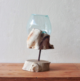 Tavené sklo na dřevě se stojanem - Střední miska