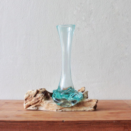 Tavené sklo na vymývaném dřevě - Váza - střední