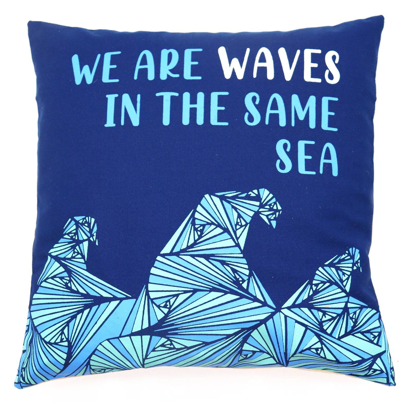 Povlak na polštář s potiskem - We are Waves - Šedá, modrá a přírodní