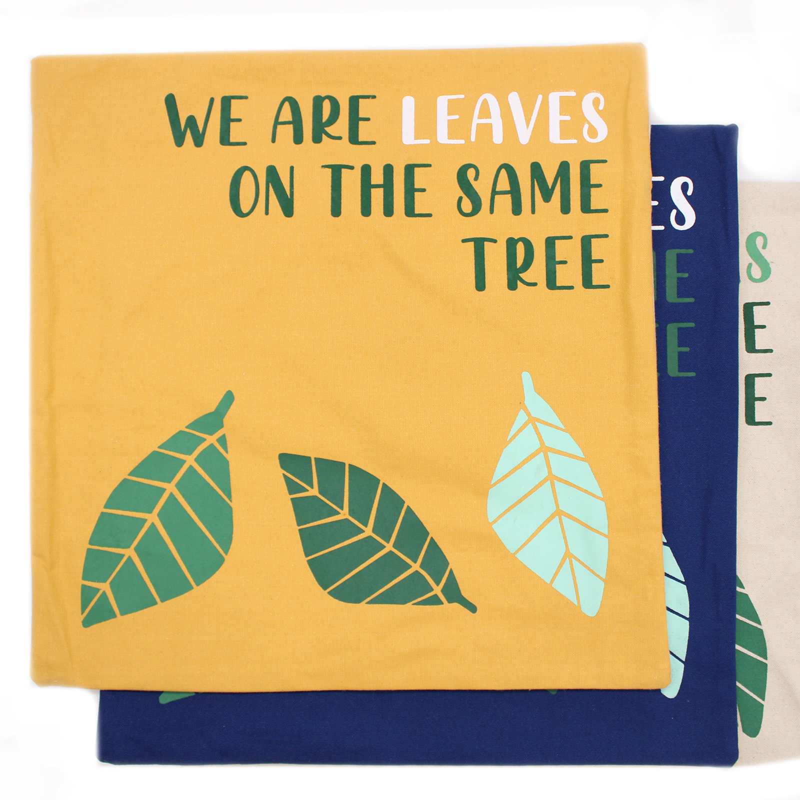 Povlak na polštář s potiskem - We are Leaves - Žlutá, modrá a přírodní