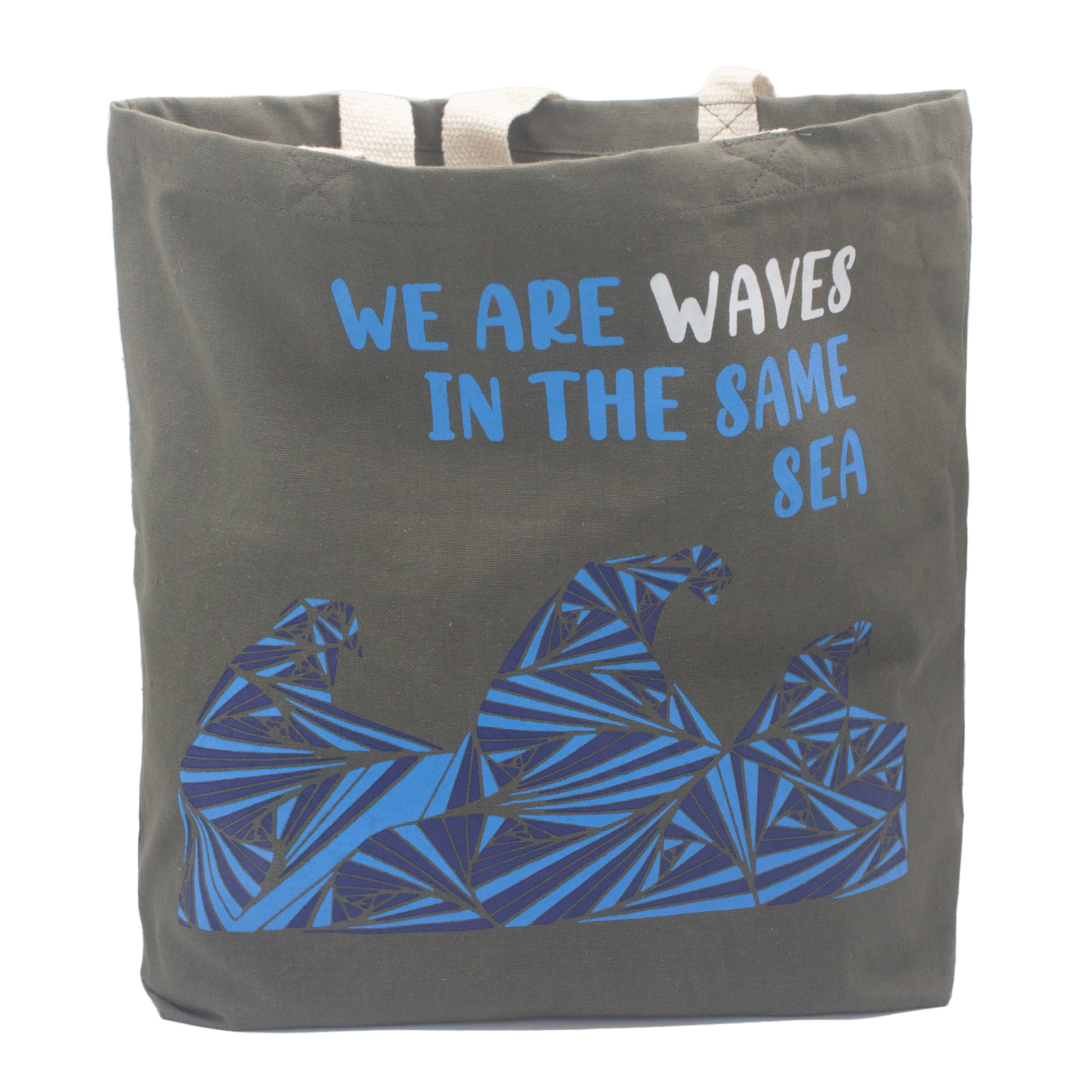 Bavlněná taška s potiskem - We are Waves - Šedá, modrá a natural