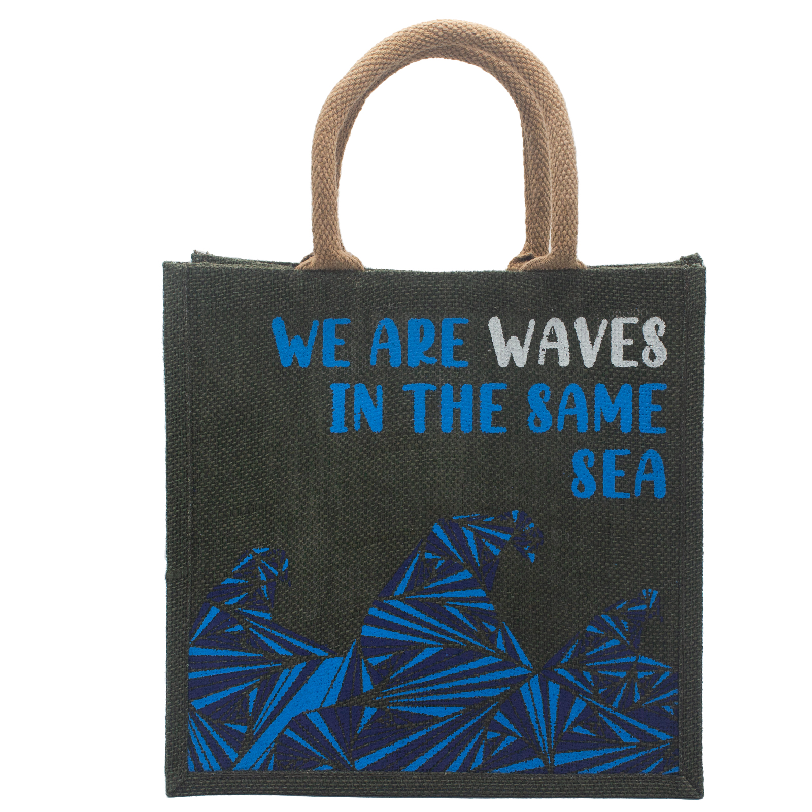 Jutová taška s potiskem - We are Waves - Šedá, modrá a natural