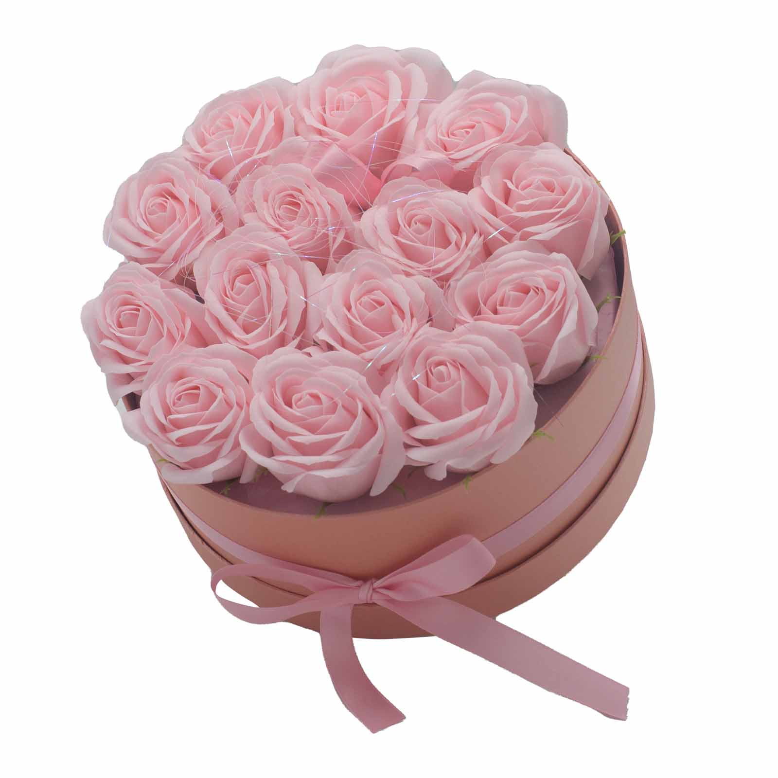 Dárkový box z mýdlových květů - 14 růžových růží - Kruh