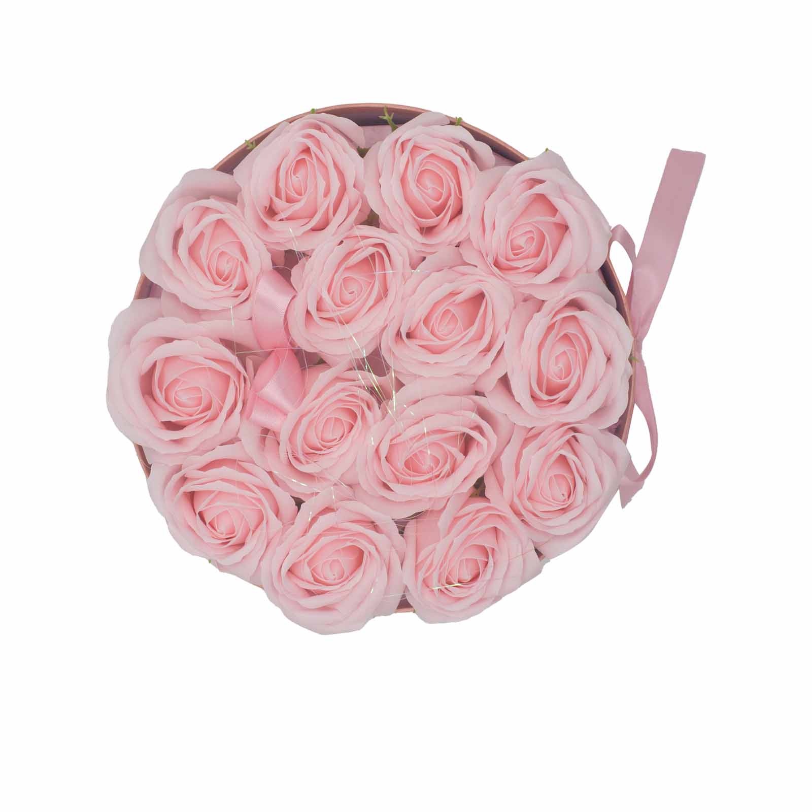 Dárkový box z mýdlových květů - 14 růžových růží - Kruh