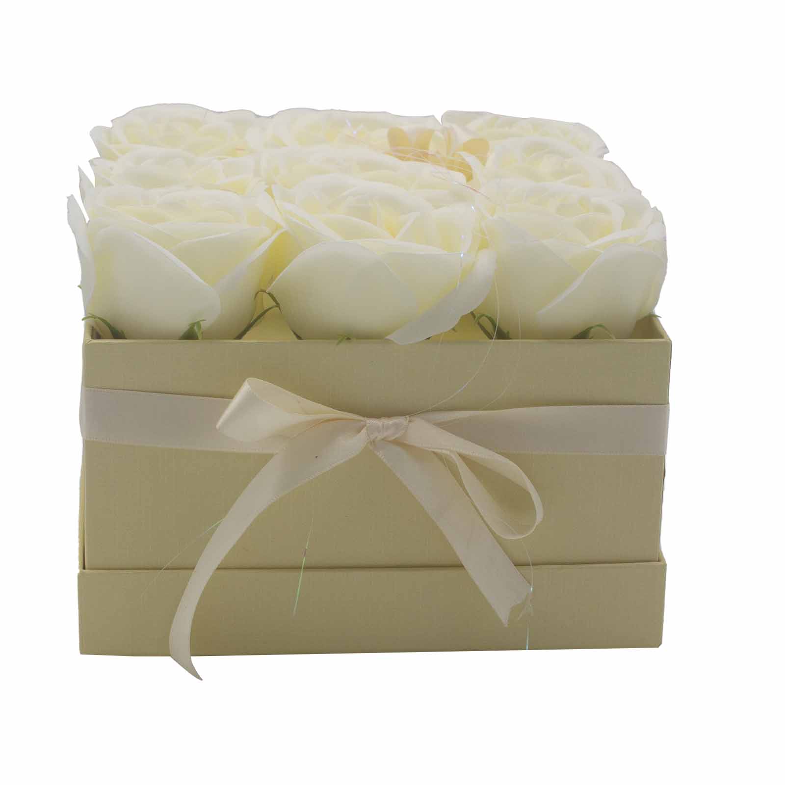 Dárkový box z mýdlových květů - 9 krémových růží - Čtverec